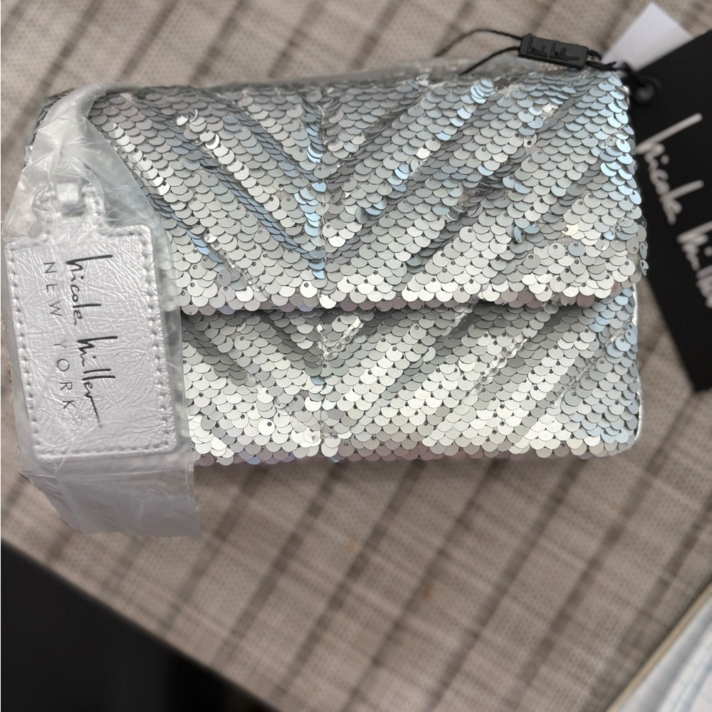 Nicole Miller Silver sequin chain purse crossbody NWT